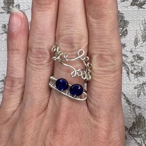 Handmade adjustable silver color wire wrap ring blue beads